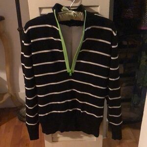 Abacus Women’s Half-Zip Black and White Striped Sweater with Neon Green Zipper
